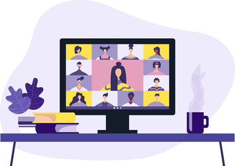 Conference video call, remote project management, quarantine, chat with friends. Vector illustration in a modern style.