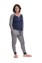 front view of a woman in pajamas on white background, hands on pockets