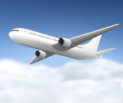 Realistic white airplane flying in blue sky with cloudsWeb