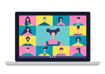 Conference video call, remote project management, quarantine, chat with friends. Vector illustration in a modern style.