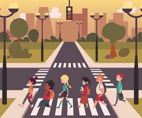 Urban city street pedestrian crossing, diverse cartoon character people walking on on empty road zebra crosswalk in single line