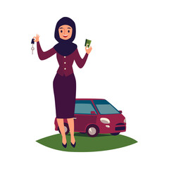 Arab woman i shows the keys and driver's license flat vector illustration isolated.