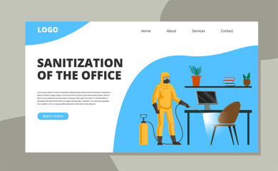 Obraz na płótnie Canvas An employee in a protective suit and a respirator sprayed with disinfectant surfaces in the office. Concept and landing page on the topic of sanitization for business.