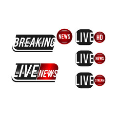 Live TV news red tag icon with video symbol of live broadcasting, full hd, live stream. Black tag labels of hd, uhd, fhd, 4k, 8k. Vector user interface design for video blog