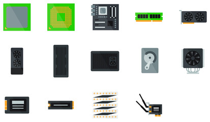 High quality simple colour line art vector icon set of computer parts and components