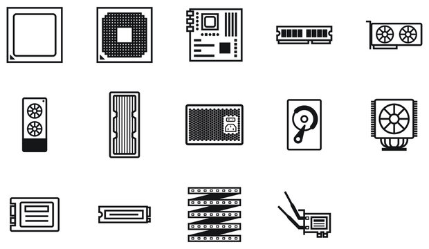 High quality simple plain line art vector icon set of computer parts and components