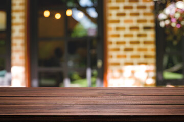 Empty wooden table space platform and blurred restaurant or coffee shop background for product display montage.