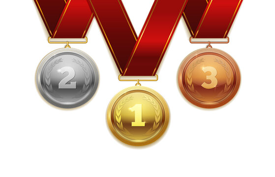 Realistic vector set of empty shining gold, silver and bronze medals and ribbon. Premium badges. Winner sport awards. Achievement icons. Vector illustration. EPS 10.