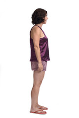 side view of summer short pajamas on white background,