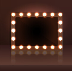 Luxury dark makeup blank mirror realistic with bulb light effect in wall background. vector illustration.