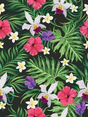 Tuinposter Seamless hand drawn exotic vector pattern with green palm leaves and hibiscus flower. Stock vector. © Logunova  Elena