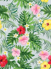 Poster Nahtlose handgezeichnete exotische Vektormuster mit grünen Palmblättern und Hibiskusblüte. Aktienvektor. © Logunova  Elena