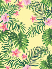 Seamless hand drawn exotic vector pattern with green palm leaves and hibiscus flower. Stock vector.