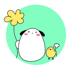 Dog and chick hold flower