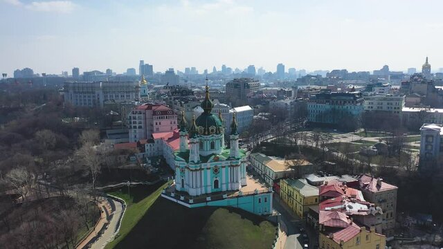 Aerial photography of the city of Kiev. Centre. Sunny day. St. Andrew's Church in Kiev