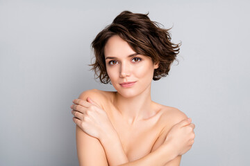 Closeup photo of beautiful naked lady model bobbed short hairstyle positive emotions touch hug...