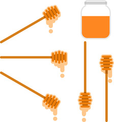 Honey dripping from a wooden dipper with different directions plus one jar filled with honey.