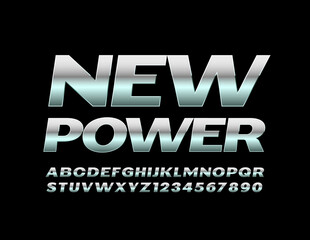 Obraz premium Vector metal sign New Power with modern silver Font. Chrome Alphabet Letters and Numbers