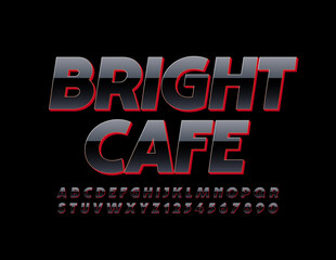 Vector creative emblem Bright Cafe with Reflective Font. Black and Red elegant Alphabet Letters and Numbers
