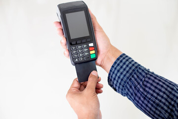 Man holding card machine,male put credit card payment,buy and payment sell product and service.selective focus.