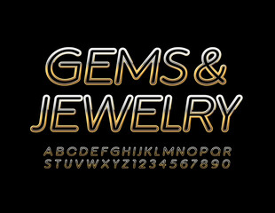 Fototapeta na wymiar Vector elite banner Gems & Jewelry with Gold Shiny Font. Luxury Alphabet Letters and Numbers