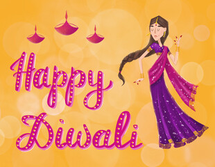 Diwali celebration greetings. Happy Diwali celebration banner with Indian dancing girl in saree. Indian dancer digital illustration. 
