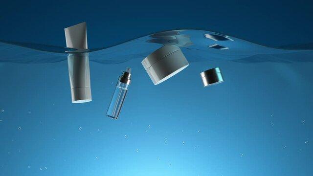 3d render of a set of cosmetics for skin care floating in the water. 
Concept sea and make-up creams set.