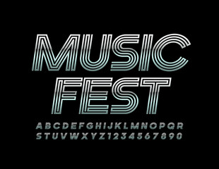 Vector event poster Music Fest with Metal maze Font. Abstract silver Alphabet Letters and Numbers