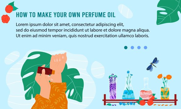 Creating your own perfume vector illustration. Cartoon flat woman creator hands holding perfume bottle with floral natural oil scent, scented flowers and herbs in vases, home beauty procedures design
