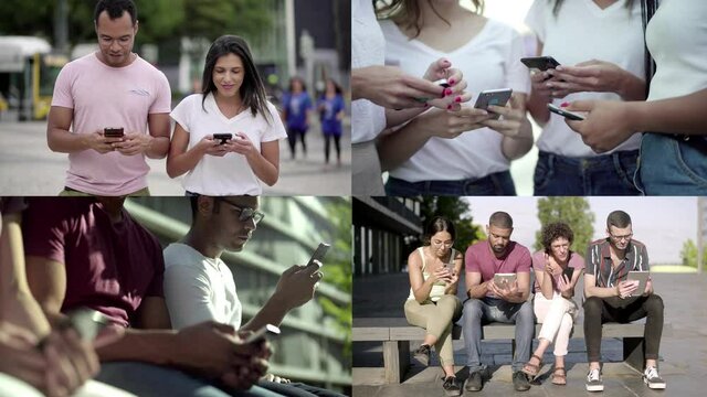 Collage of happy people using mobile phone. Focused people typing, walking, browsing. Multiscreen montage, split screen collage. Digital technology and communication concept