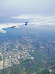 Wing of an airplane. Photo applied to tourism operators. picture for add text message or frame website. Traveling concept