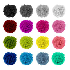 Set of fluffy bright, soft pompons made of yarn. Decor ball of needlework, handmade, soft...