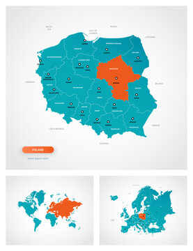 Fototapeta Editable template of map of Poland with marks. Poland on world map and on Europe map.