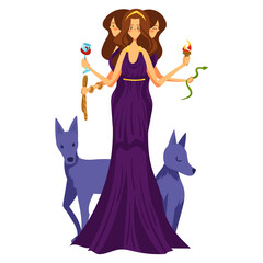 Female character greek god stand with mystery dog, divine many face woman maker isolated on white, cartoon vector illustration. Mythological hellenic mystery time, sacrament balance creator.