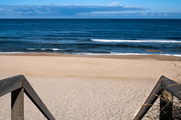 Quiaios beach, Portugal, view from the boardwalk, Atlantic ocean, sand and sky.