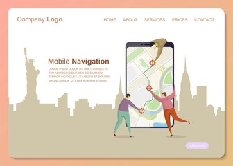 Characters people navigation flat in cartoon style. People character business navigation landing page. Social phone media web banner. Business Landing minimal concept, flat cartoon style illustration