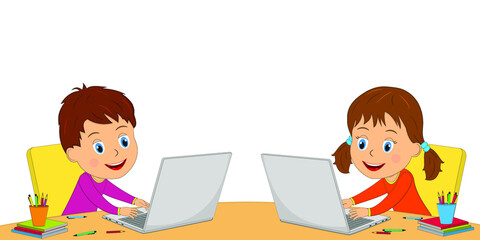 kids,boy and girl using computer,illustration,vector