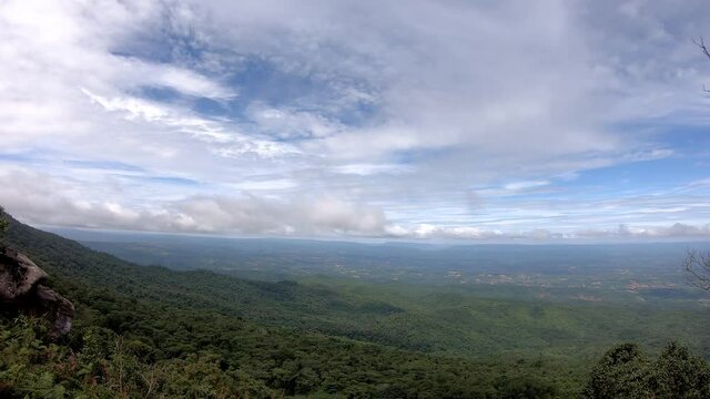 The Video moves from left to the right side of clouds move on the sky in the daytime bright and tree sway in the wind on the mountain at Phu Hin Rong Kla , Phetchabun , Thailamd.