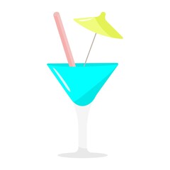 Image of a blue cocktail with a straw and an umbrella. Vector image, eps 10
