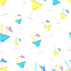Blue and yellow cocktail pattern with a straw and an umbrella. Vector image, eps 10