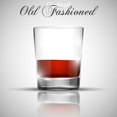 Realistic glass bar with a bright drink Old fashioned cocktail for your advertising banner. illustration
