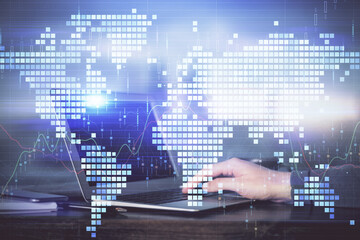Multi exposure of businessman working on laptop on background. International business hologram in front. Concept of success.