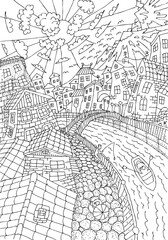 Obraz premium architecture, art, bright, building, card, cartoon, city, cityscape, color, colorful, construction, countryside, day, decor, decoration, design, doodle, draft, drawing, drawn, fantasy, flight, graphic