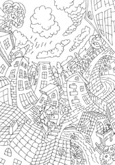 Hand drawn city sketch. Doodle landscape.
Page of the anti-stress coloring book.
