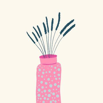 Illustration of blue wheat in a pink vase with blue dots on a white background