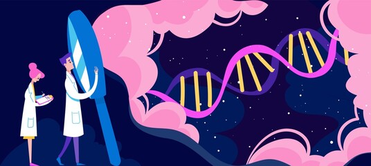 Fototapeta premium Discovery, science, microbiology, dna study vector illustration. Experiment and scientific research study, scientists in lab researching molecule structure, biotechnology and biology.