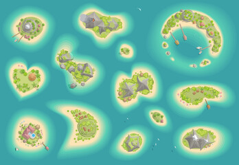 Vector set. Islands top view. Tropical islands of various shapes and terrain. (view from above)  © Алексей Шпадарук