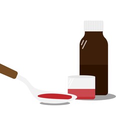 Image of a bottle, cup and spoon with medicine. Vector image, eps 10