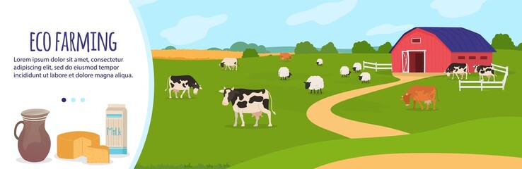 Obraz na płótnie Canvas Farm agriculture vector illustration. Cartoon flat countryside landscape with cattle farm, cow grazing on green rural farmfield, eco agricultural production of organic milk, dairy products background