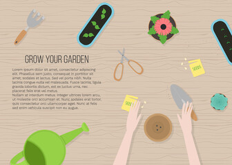 Vector illustration in flat cartoon style of hands and garden tools top view. For poster, design of page site, web and advertising banner, article,  card or flyer, promotion, mailing.